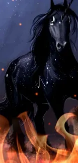 Mystical black horse under a starry night sky in an enchanting mobile wallpaper.