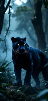 Black panther prowling in a mystical forest.