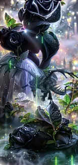 Mystical black roses with a dragon in a fantasy scene wallpaper.