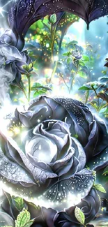 Mystical glowing black rose with ethereal sparkles.