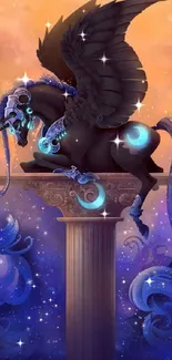 Black winged horse on pillar with cosmic backdrop.