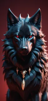 Mystical black wolf with red eyes and jewelry on a dark background.