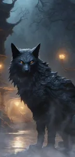 Mystical black wolf with glowing eyes in a dark, enchanting setting.