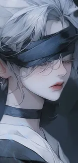 Anime character with silver hair and blindfold in dark blue tones.