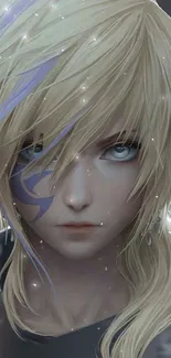 Mystical blonde anime character with blue eyes and fantasy elements.