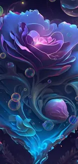 Mystical flower art with purple and blue hues in a heart shape.