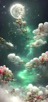 Mystical sky with moon, clouds, and blossoms.