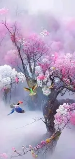 Pink blossoms and birds in misty, dreamy landscape wallpaper.