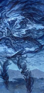 Mystical abstract blue wallpaper with flowing and swirling patterns.