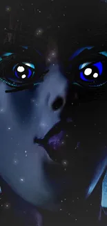 Alien face art with blue tones and cosmic effects on phone wallpaper.