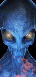 Mystical blue alien wallpaper with glowing eyes and cosmic design.