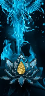 Mystical blue angel with ethereal flames and lotus on a dark background.