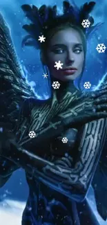 Mystical blue angel with dark wings and snowflakes in an ethereal scene.