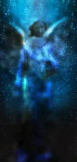 Mystical angel in dark blue cosmic scene with ethereal elements.