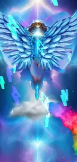 Mystical blue angel with cosmic background wallpaper.