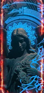 Mystical angel statue with blue swirling lights in wallpaper design.