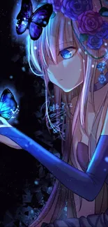 Elegant anime art with blue butterflies and a serene character.