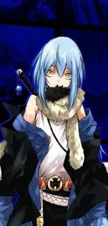 Anime character with blue hair and a mystical background.