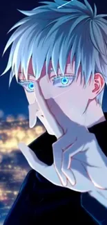 Anime character with blue eyes and white hair against a neon city backdrop.