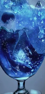 Anime character in sparkling blue glass with cosmic elements.