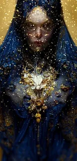 Mystical blue and gold artistic figure wallpaper for mobile.