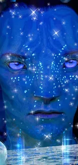 Blue Avatar-inspired face under a starry night sky.