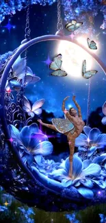 Ballet dancer in mystical blue floral setting with butterflies.