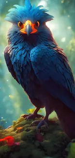 Mystical blue bird in an enchanting forest with vibrant colors.