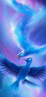 Mystical blue birds soaring in a cosmic, ethereal landscape.