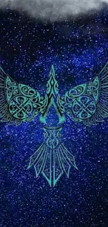 Intricate blue bird design on starry night sky wallpaper.