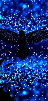 Blue bird soaring in a mystical glowing night landscape.