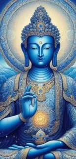 Intricate blue Buddha art wallpaper for peaceful ambiance.