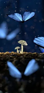 Mystical blue butterflies with glowing mushrooms in a serene night setting.