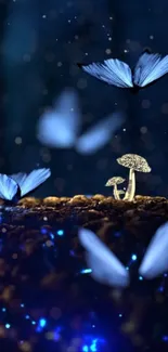 Mystical wallpaper with blue butterflies and luminous mushrooms.