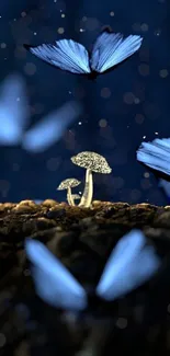 Ethereal blue butterflies hover around glowing mushrooms. Mystical wallpaper art.