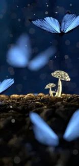 Blue butterflies and mushrooms in mystical night scene.