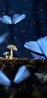 Blue butterflies and glowing fungi in a serene, mystical forest at night.