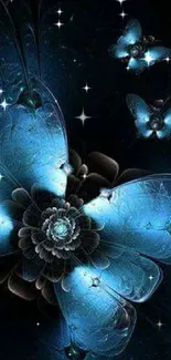 Mystical blue butterfly and flower artwork on a dark background.