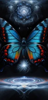 Mystical blue butterfly with cosmic pattern