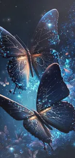 Two mystical blue butterflies on a cosmic background.