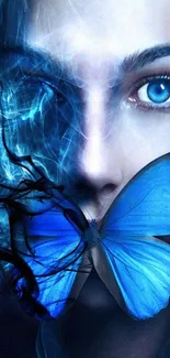 Mystical art with blue butterfly and surreal smoky background.