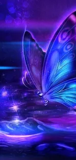 Enchanted blue butterfly and fairy in a mystical purple scene.