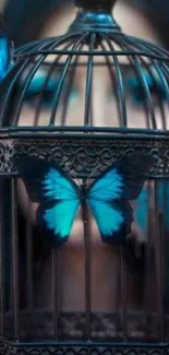 Blue butterfly resting on an ornate cage, surrounded by dim lighting.