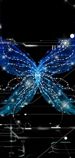 Mystical blue butterfly on black background with abstract design.