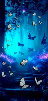 Mystical forest with butterflies and blue glow for mobile wallpaper.