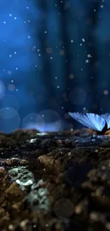 Ethereal blue butterflies in a mystical forest setting.