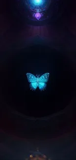 Mystical blue butterfly glowing in a dark artwork.