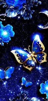 Blue butterflies on a celestial night background with glowing flowers.