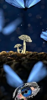 Mystical scene with blue butterflies and glowing mushrooms in a fantasy setting.