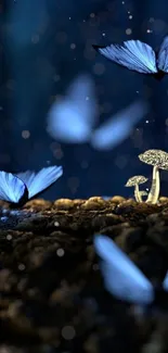 Mystical blue butterflies fluttering in a twilight forest.